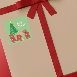 Modern Teddy Bears in Christmas Pyjamas With Tree Square Sticker