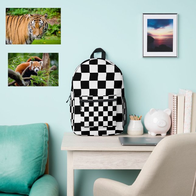 Modern teen skandinavian chequered Black White Printed Backpack (Modern and trendy checkered backpack in black and white for teen. Back to school. Cool pattern. Boho)