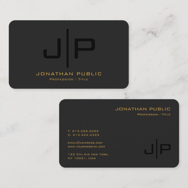 Modern Template Black Gold Monogram Rounded Corner Business Card (Front/Back)