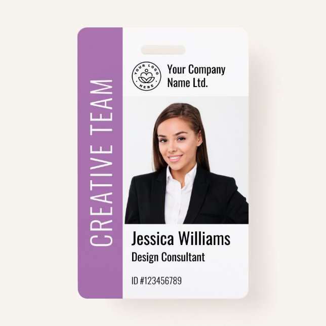 Modern Template Employee Photo Logo Name Purple ID Badge (Front)
