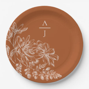 Modern Terra Cotta Monogram Floral Paper Plate