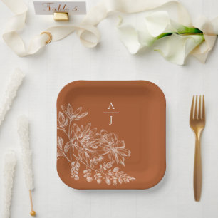 Modern Terra Cotta Monogram Floral Square Paper Plate