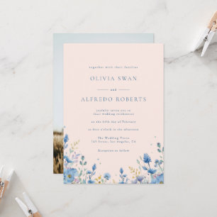 Modern Terracota Blue Floral With Photo Wedding Invitation