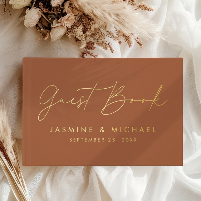 Modern Terracotta and Gold Foil Script Wedding Guest Book (Creator Uploaded)