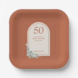 Modern Terracotta Arch Eucalyptus 50th Birthday Paper Plate