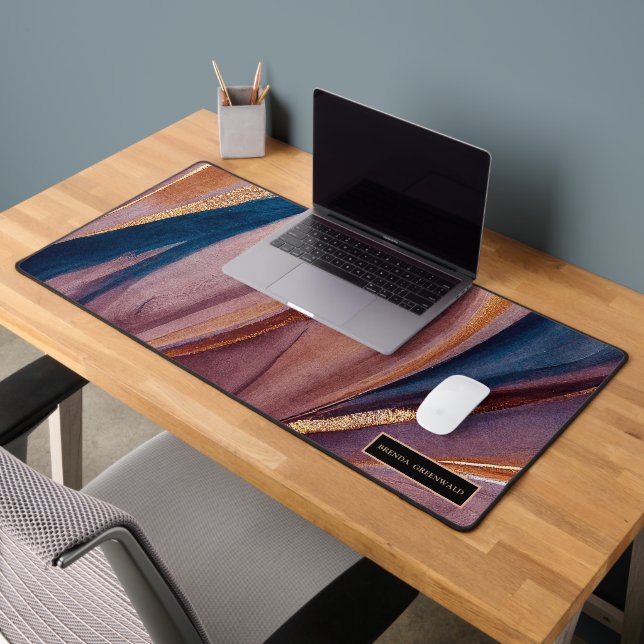 Modern terracotta blue glitter gold monogram desk mat (Office 2)
