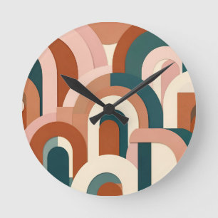 Modern Terracotta Blush Pink Teal Geometric Arch Round Clock