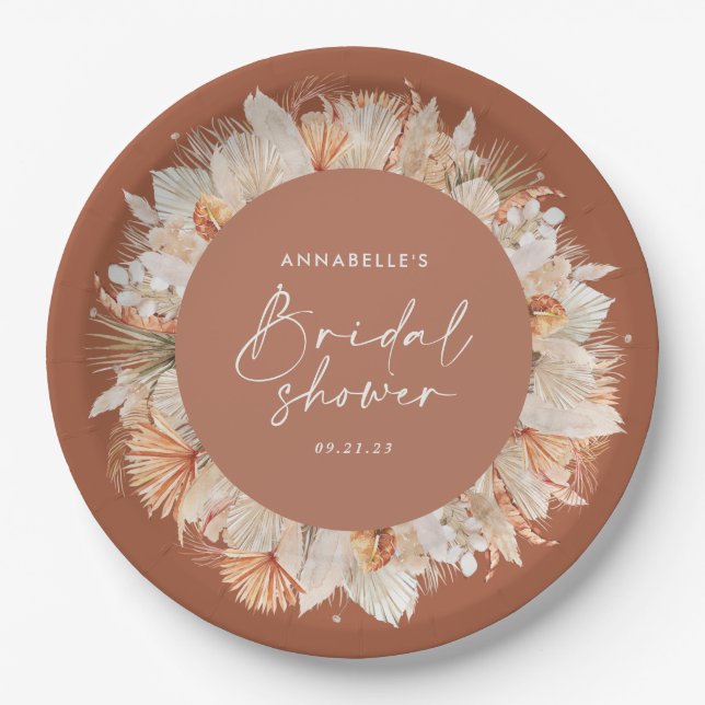 Modern terracotta bohemian pampas bridal shower paper plate (Front)