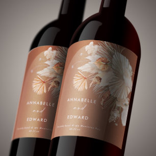 modern terracotta bohemian pampas grass botanical wine label
