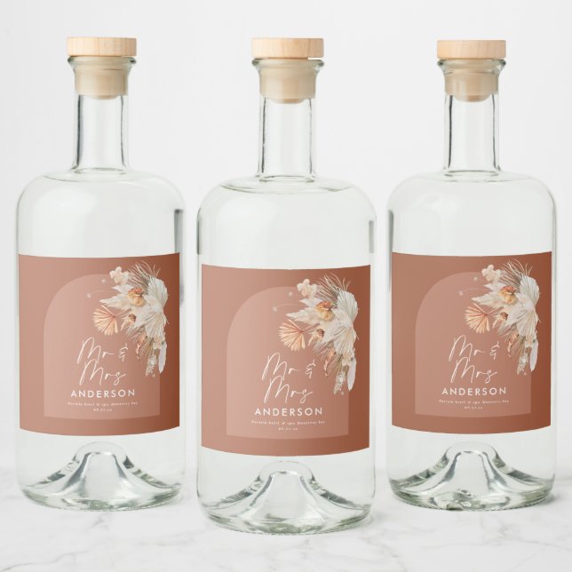 modern terracotta bohemian pampas grass Mr & Mrs Liquor Bottle Label (Bottles)