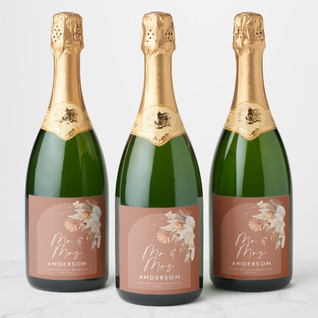 modern terracotta bohemian pampas grass Mr & Mrs W Sparkling Wine Label (Bottles)