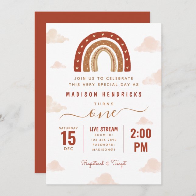 Modern Terracotta Boho Rainbow Clouds Birthday Invitation (Front/Back)