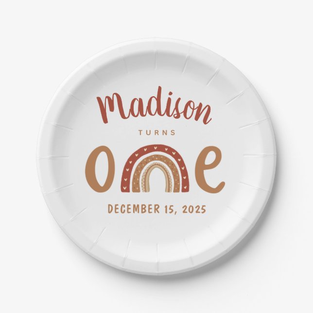 Modern Terracotta Boho Rainbow First Birthday Paper Plate (Front)