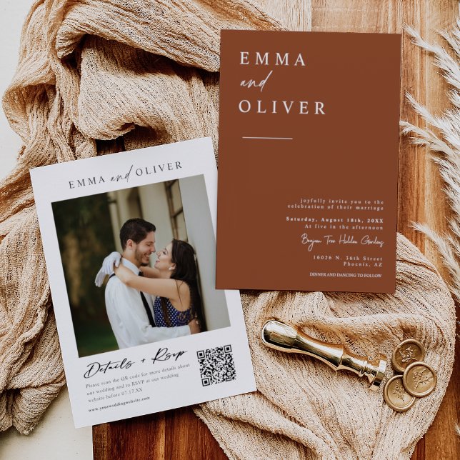 Modern Terracotta Boho Wedding Photo QR Code Invitation (Creator Uploaded)