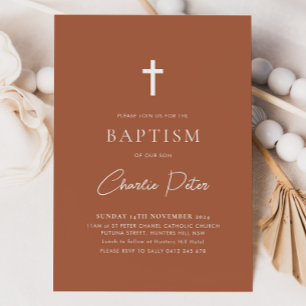 Modern Terracotta Boys Cross Christening Baptism   Invitation