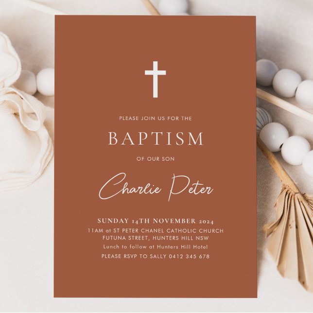 Modern Terracotta Boys Cross Christening Baptism   Invitation (Terracotta Baptism Invitation)