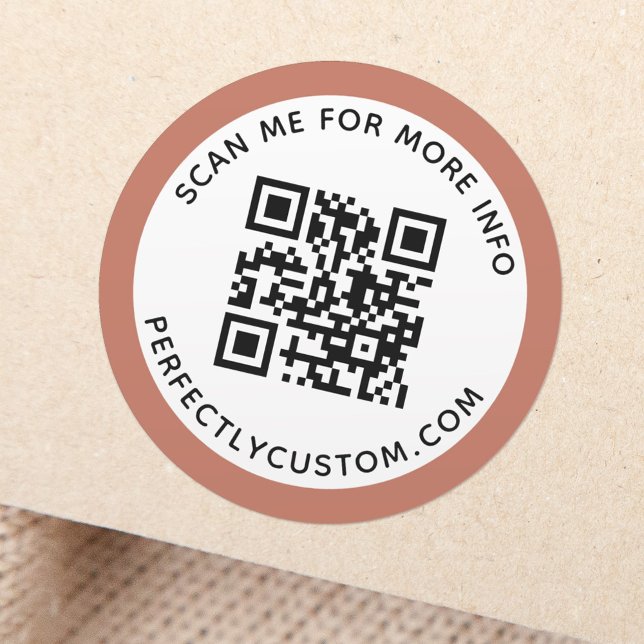 Modern terracotta brown border QR code and text Classic Round Sticker (Creator Uploaded)