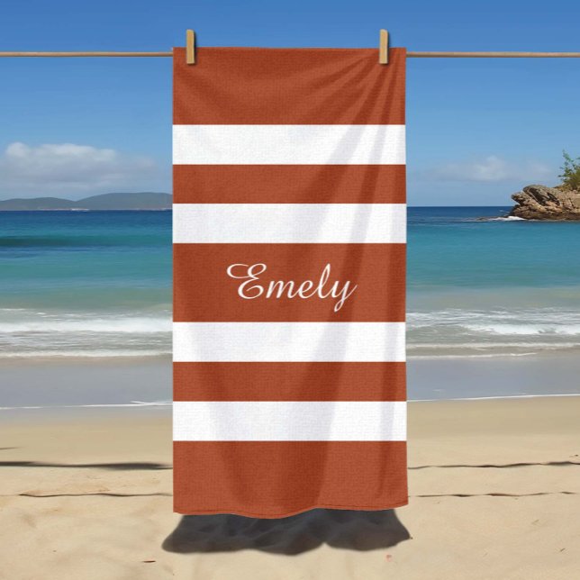 Modern Terracotta Brown Striped Name Beach Towel (Custom Name Modern Terracotta Brown Striped Beach Towel
)