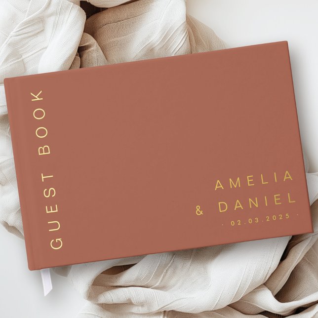 Modern terracotta brown wedding names date foil guest book (Modern terracotta brown wedding names date foil guest book)