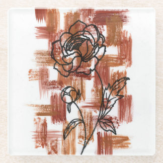 Modern Terracotta Brushstrokes and Ink Rose Glass Coaster
