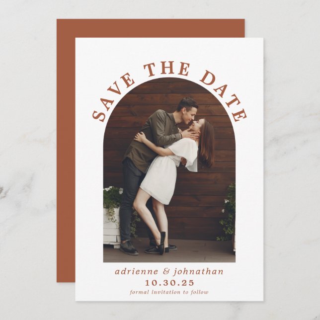 Modern Terracotta Burnt Orange Boho Arch Photo Save The Date (Front/Back)