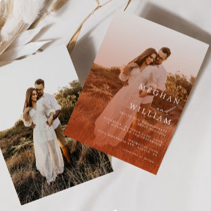 Modern Terracotta Burnt Orange Boho Wedding Photo Invitation