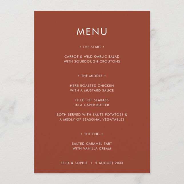 Modern Terracotta | Burnt Orange Rust Wedding Menu (Front)