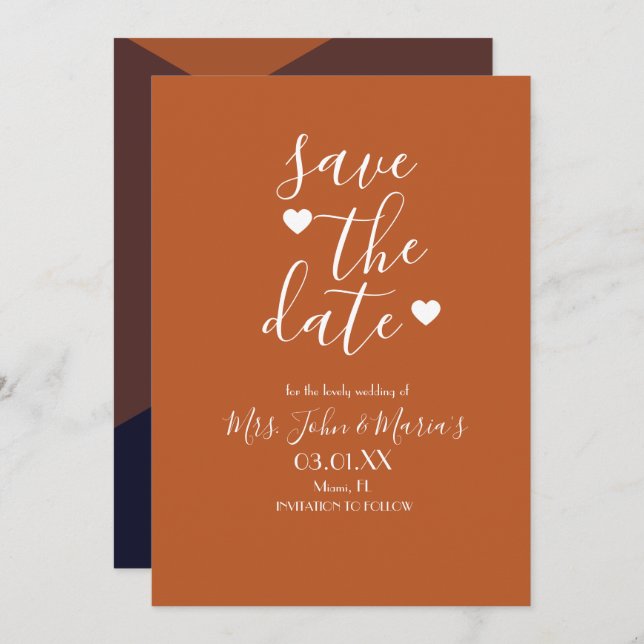 Modern Terracotta Chocolate Navy Save the Date Invitation (Front/Back)