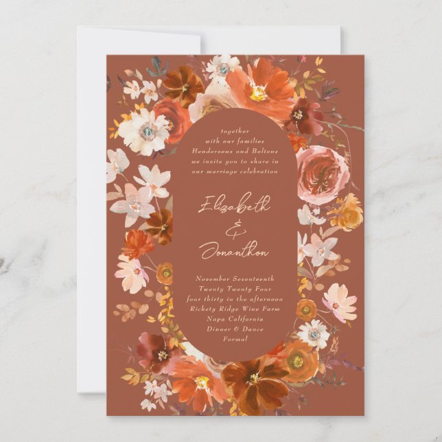 Modern Terracotta Copper Floral Botanical Wedding Invitation (Front)