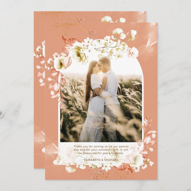 Modern Terracotta Coral Floral PHOTO THANK YOU (Front/Back)