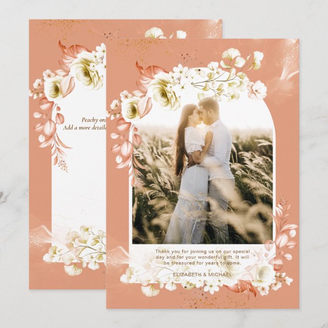 Modern Terracotta Coral Floral PHOTO THANK YOU Card (Front/Back)