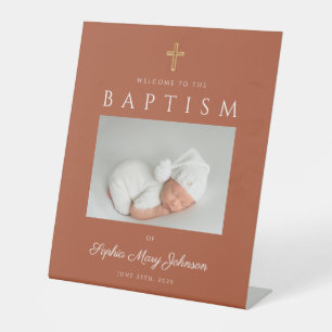 Modern Terracotta Cross Photo Baptism Welcome Pedestal Sign