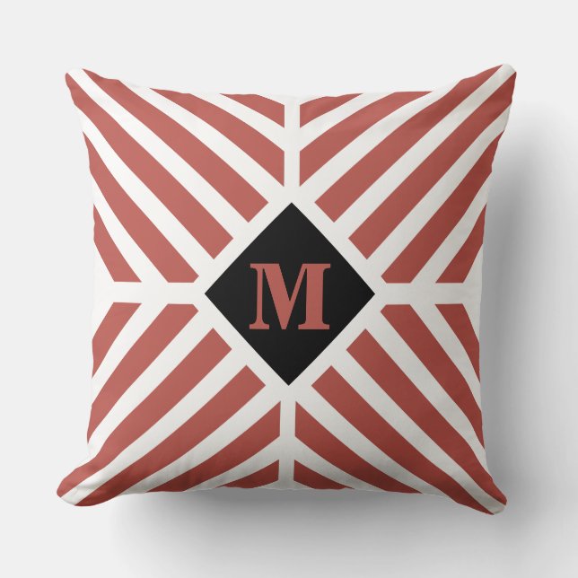 Modern Terracotta Diagonal Stripes Monogram Cushion (Front)