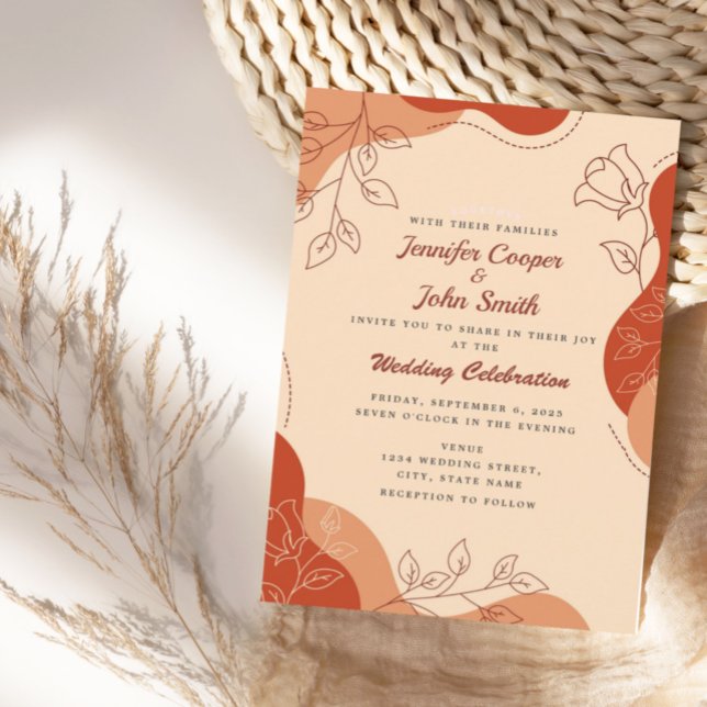 Modern Terracotta Earth Tones Floral Line Wedding  Invitation (Creator Uploaded)