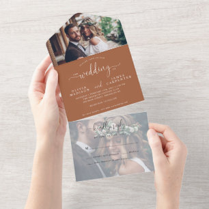 Modern Terracotta Elegant Script 2 Photo Wedding All In One Invitation