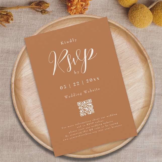 Modern Terracotta Elegant Script Wedding RSVP Card (Terracotta and beige elegant script QR code wedding RSVP card)