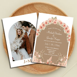 modern terracotta floral arch photo fall wedding invitation