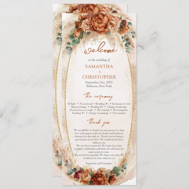 Modern Terracotta flowers burgundy pampas program (Front/Back)