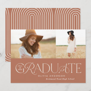 Modern terracotta geometric 2 photo graduation announcement