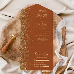 Modern Terracotta Gold Glitter Wedding All In One Invitation