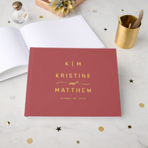 Modern Terracotta Gold Monogram Script Wedding  Guest Book