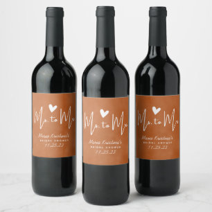Modern Terracotta Heart Ms to Mrs Bridal Shower Wine Label