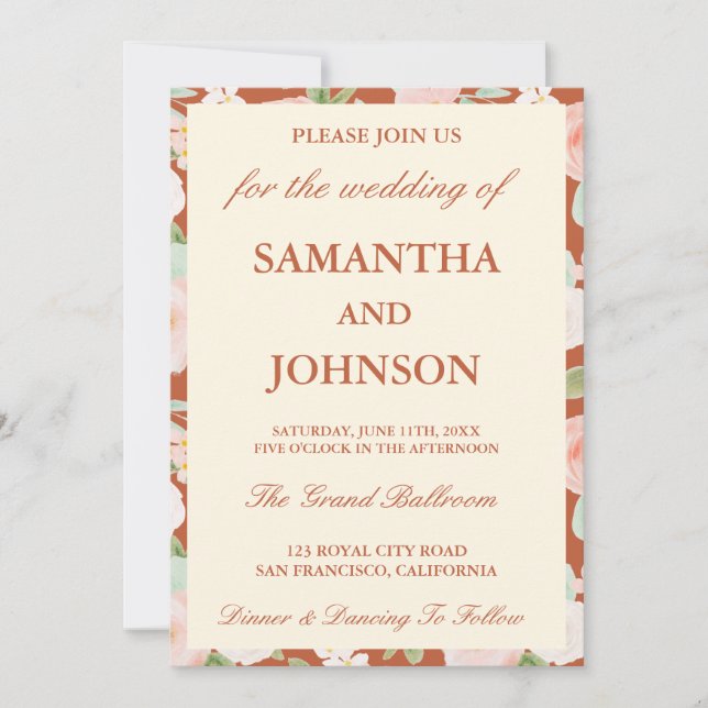 Modern Terracotta Ivory Floral Monogram Wedding Invitation (Front)