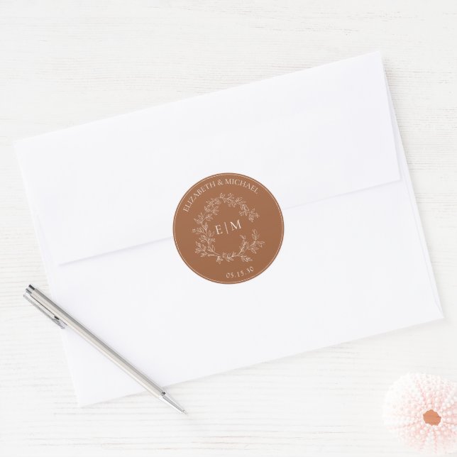 Modern Terracotta Leafy Crest Monogram Wedding Classic Round Sticker (Envelope)