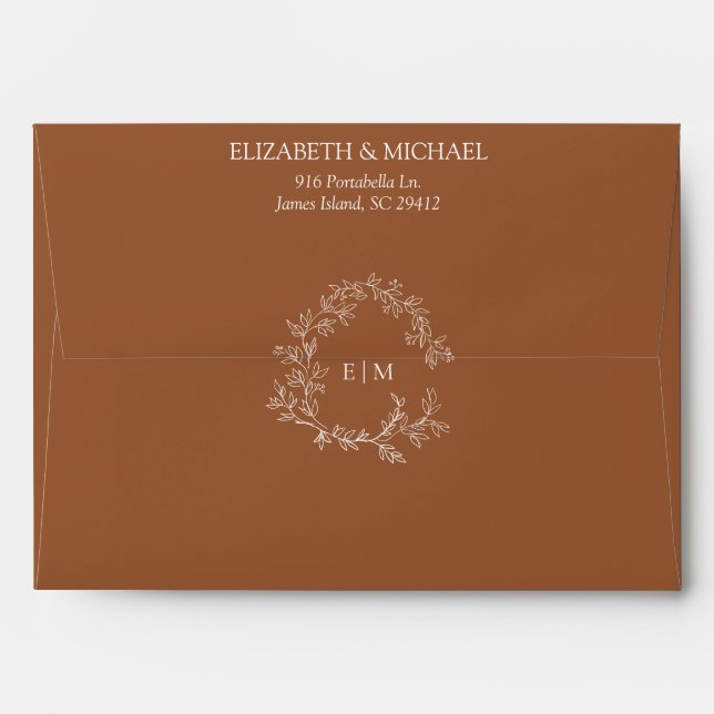 Modern Terracotta Leafy Crest Monogram Wedding Envelope (Back (Top Flap))