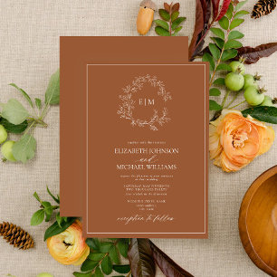 Modern Terracotta Leafy Crest Monogram Wedding Invitation
