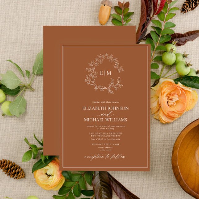 Modern Terracotta Leafy Crest Monogram Wedding Invitation (Creator Uploaded)
