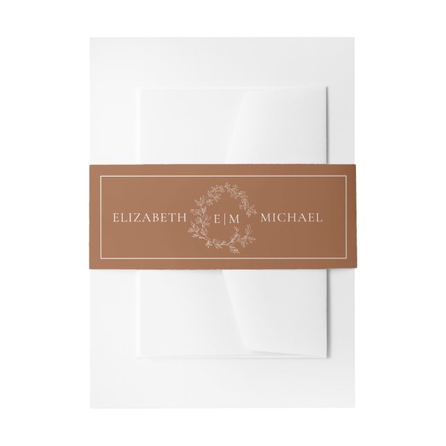 Modern Terracotta Leafy Crest Monogram Wedding Invitation Belly Band (Front Example)
