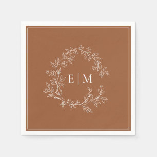 Modern Terracotta Leafy Crest Monogram Wedding Napkin