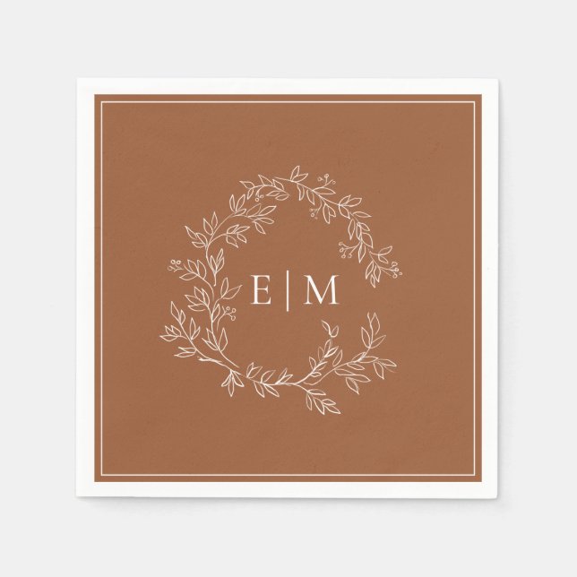 Modern Terracotta Leafy Crest Monogram Wedding Napkin (Front)